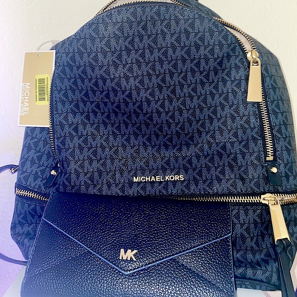 Michael Kors MK Blue Rhea Backpack, Tri-Fold Wallet, & Drawstring Bag Set